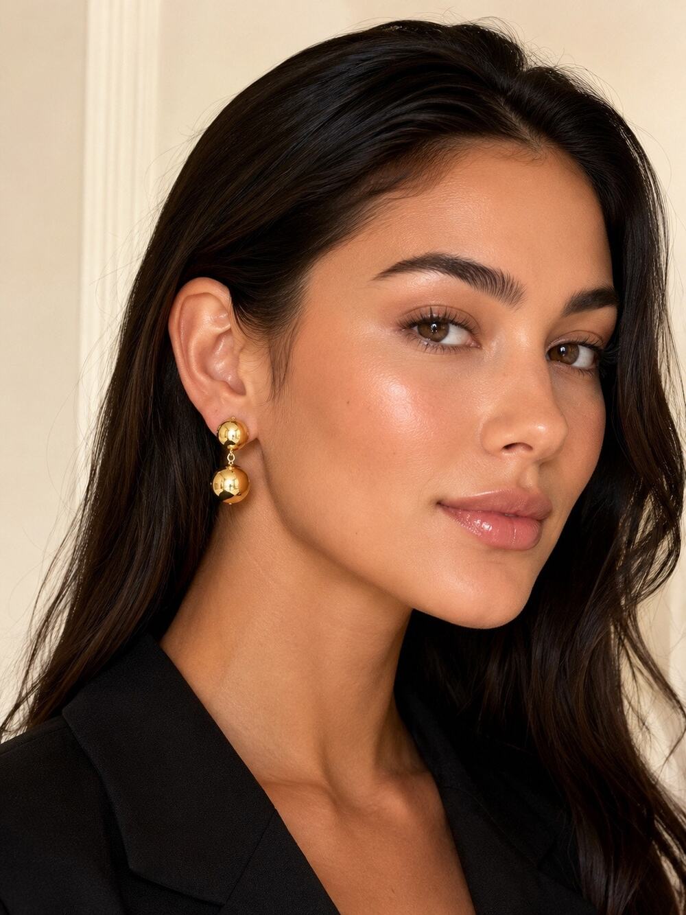 Gold Tone Double Ball Drop Dangle Statement Stud Earrings